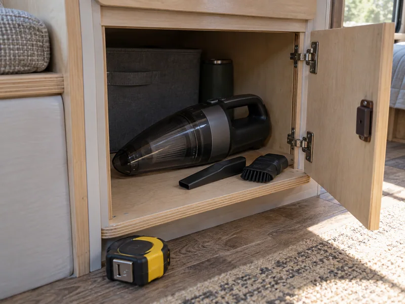 Handheld vacuum with detached attachments on an open RV cabinet shelf beside a tape measure