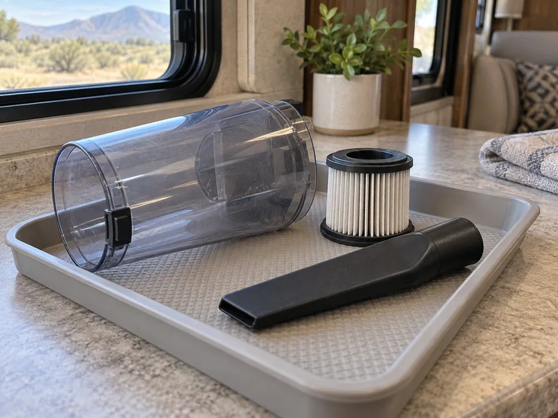 Detached vacuum dust cup, dry pleated filter and crevice tool on a utility tray