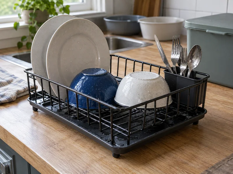Clean plates, bowls and utensils air-drying on a separate rack.