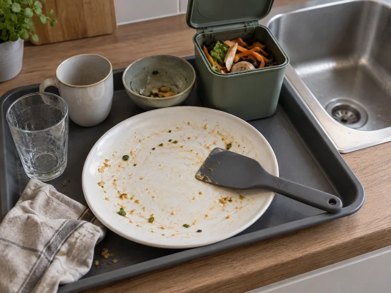 A scraped plate, used dishes and a separate food-scrap container.