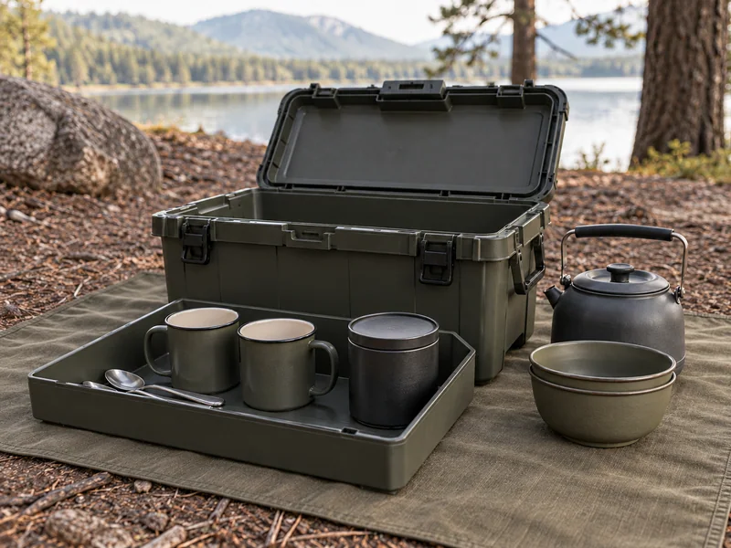 A removable tray of coffee utensils beside an open storage box.