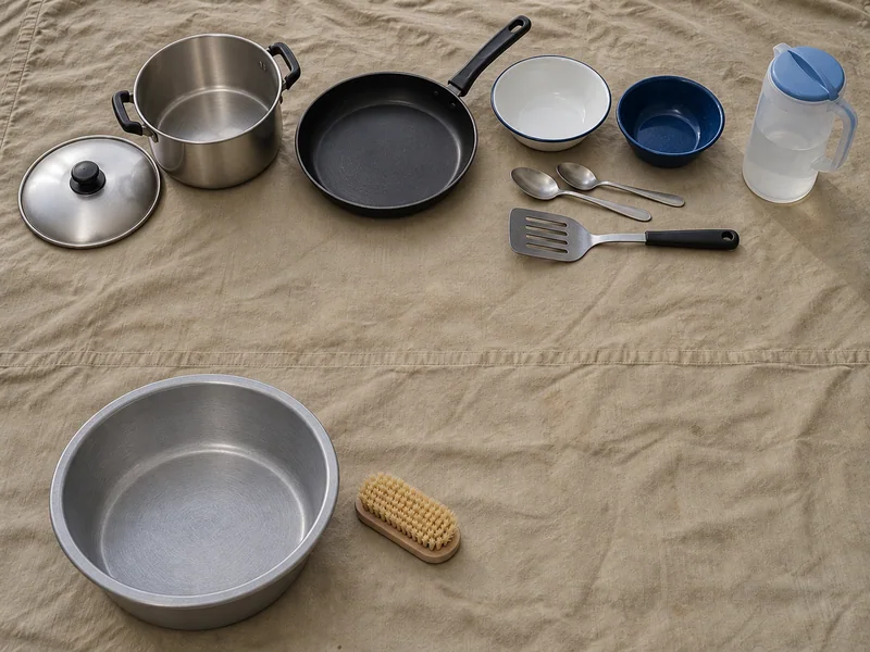 Cookware, serving tools and washing supplies laid out for inventory.