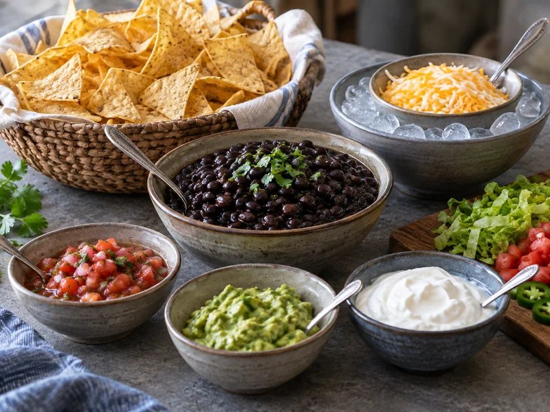 Nacho ingredients grouped into chips, beans and separate cold toppings.