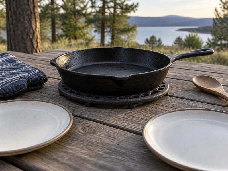 An empty skillet on a trivet beside plates and heat mitts.