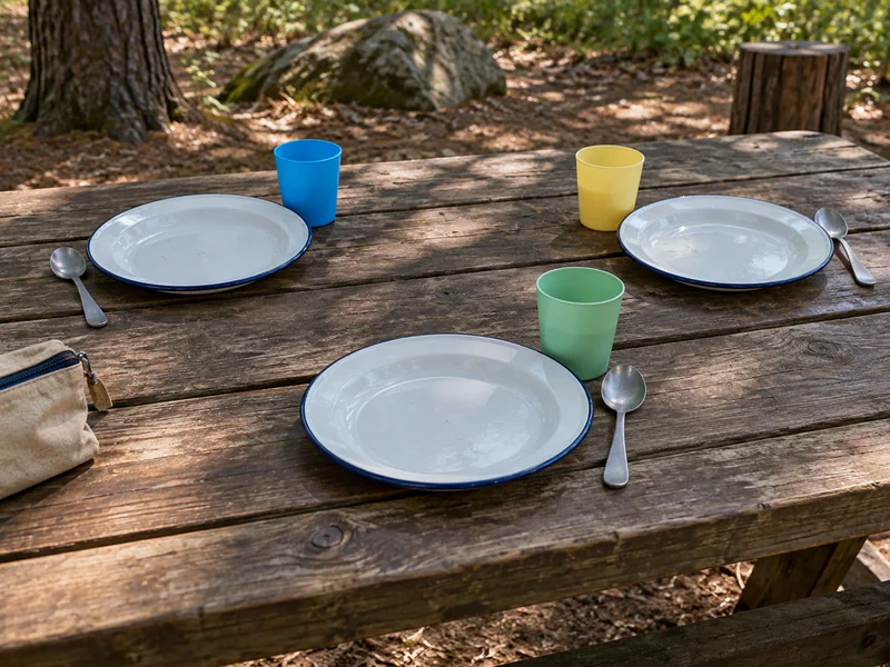 Three enamel plates, colored cups and rounded spoons arranged as matching place settings on a picnic table.