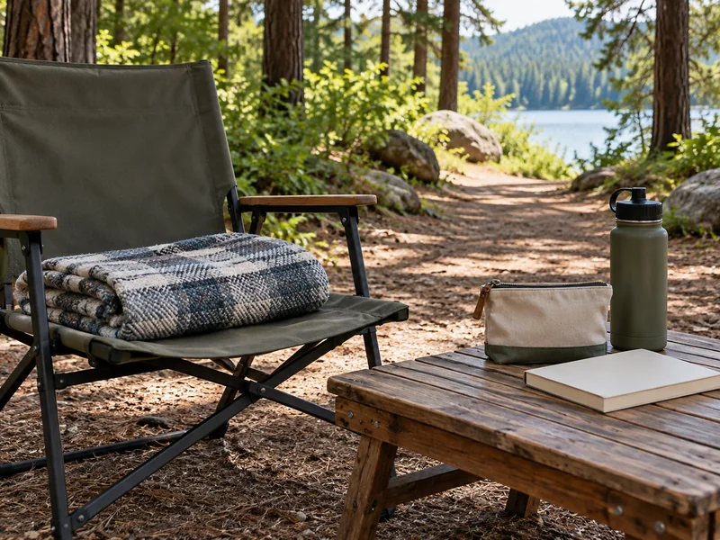 A shaded campsite rest station with a folded blanket, water bottle and quiet activity pouch.