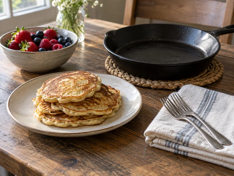 A small pancake stack, fruit and empty skillet on a wooden table.