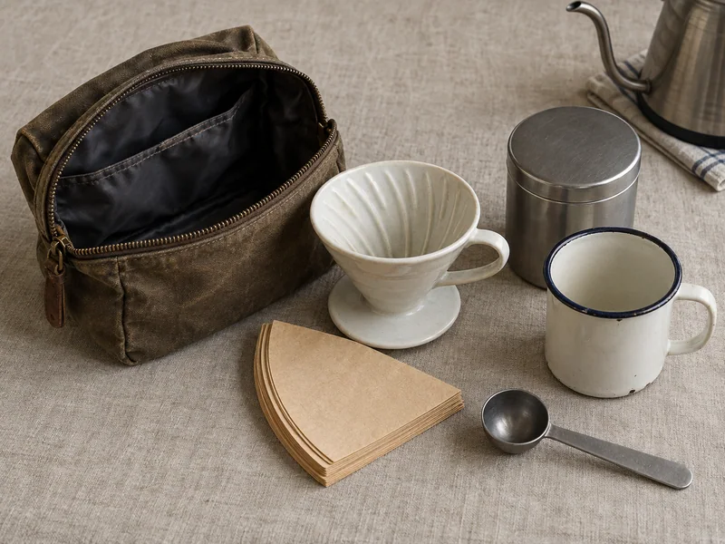 A dripper, filters, mug and closed coffee tin beside an open kit pouch.