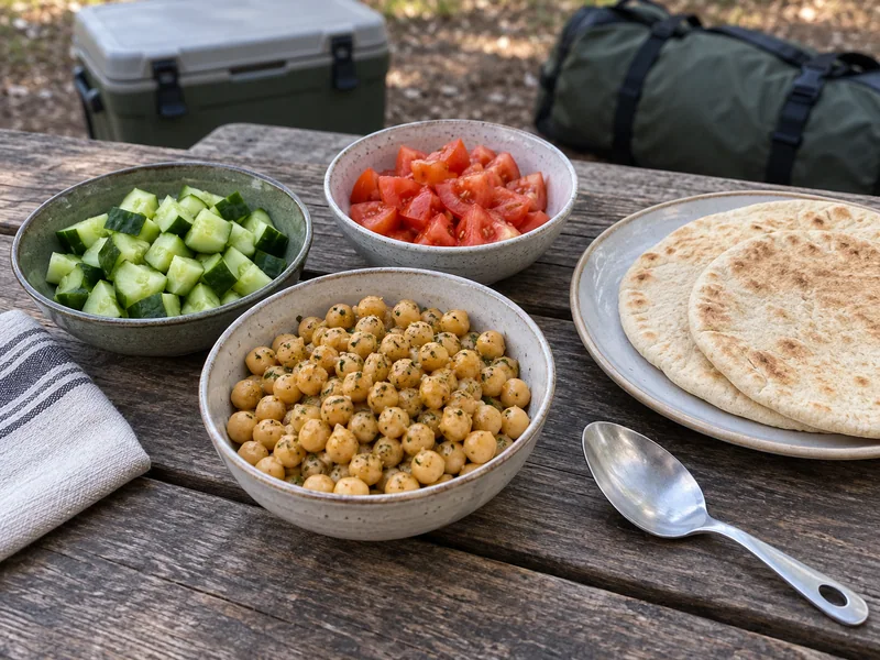 Chickpeas, vegetables and pita arranged separately for dinner.
