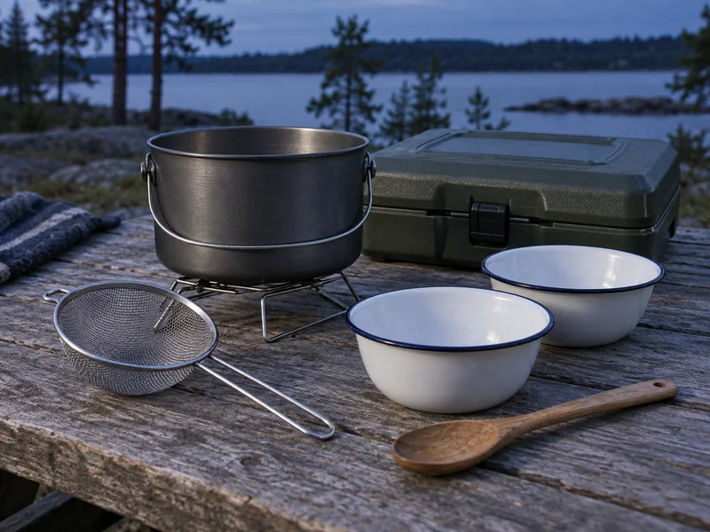 A pot, serving bowls and strainer prepared for a one-burner meal.