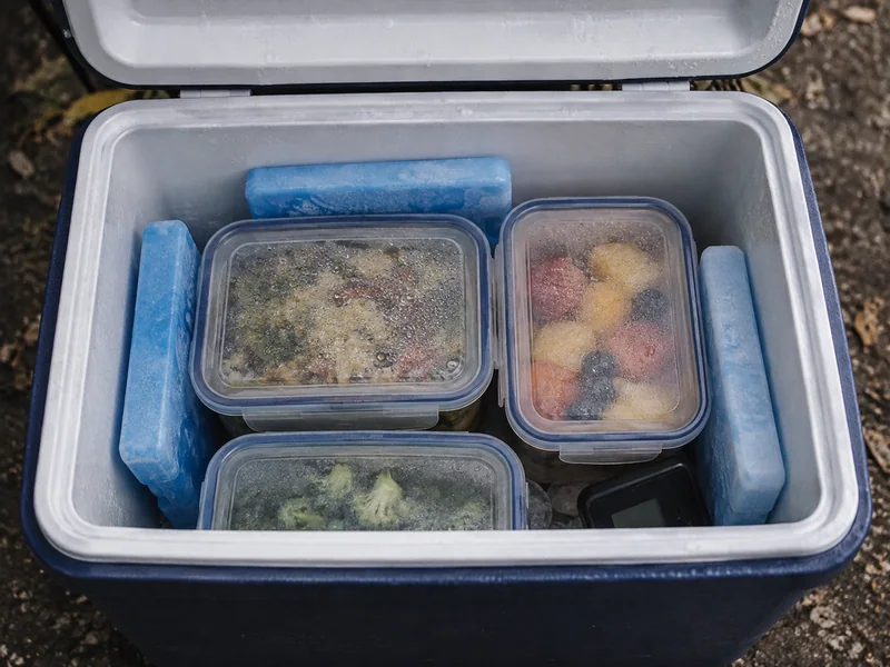 Sealed meal containers and cold packs arranged inside an open cooler.
