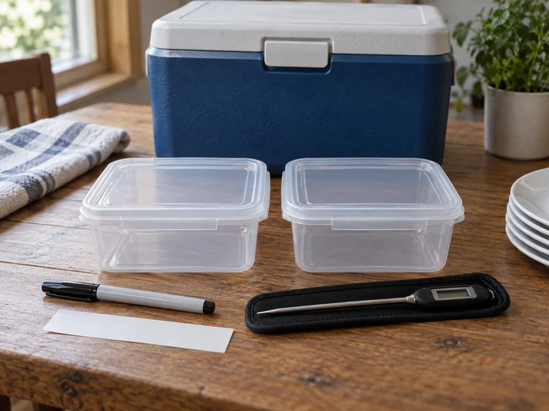 Shallow lidded containers beside a cooler and protected food thermometer.