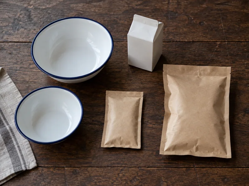 Small and larger sealed packages beside two empty camp bowls.