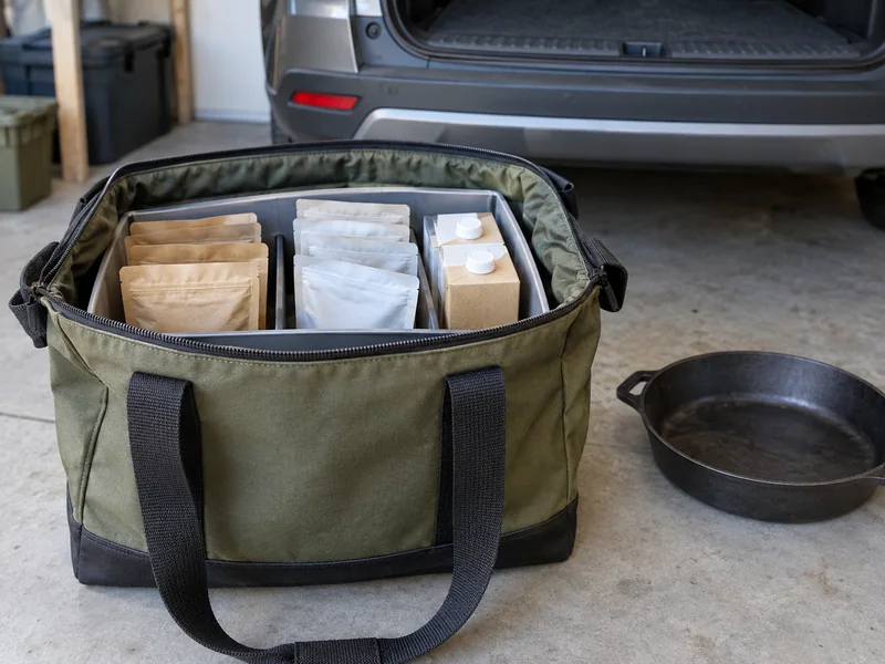 Sealed packages protected from heavy cookware inside a storage tote.