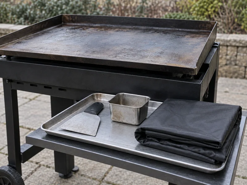 A cooled griddle with a scraper, grease container and storage cover.