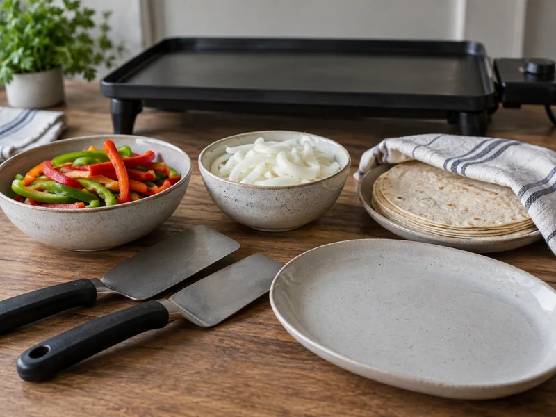 Pepper and onion components, tortillas and serving dishes beside a cold griddle.