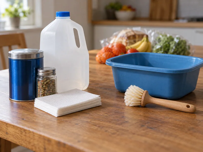 Closed tin, water jug, seasonings and a separate dishwashing kit.
