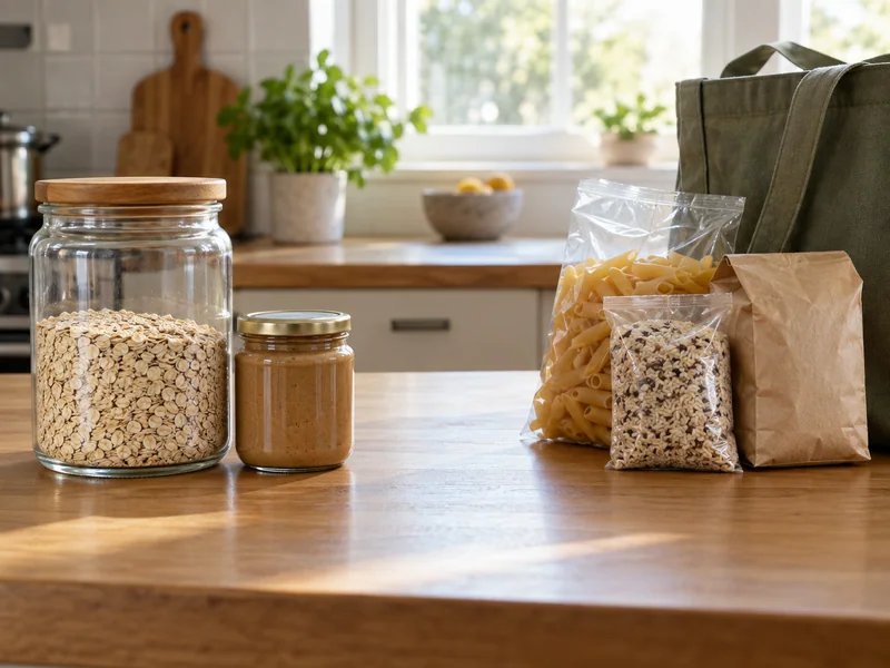 Pantry food beside unopened groceries and a reusable shopping bag.