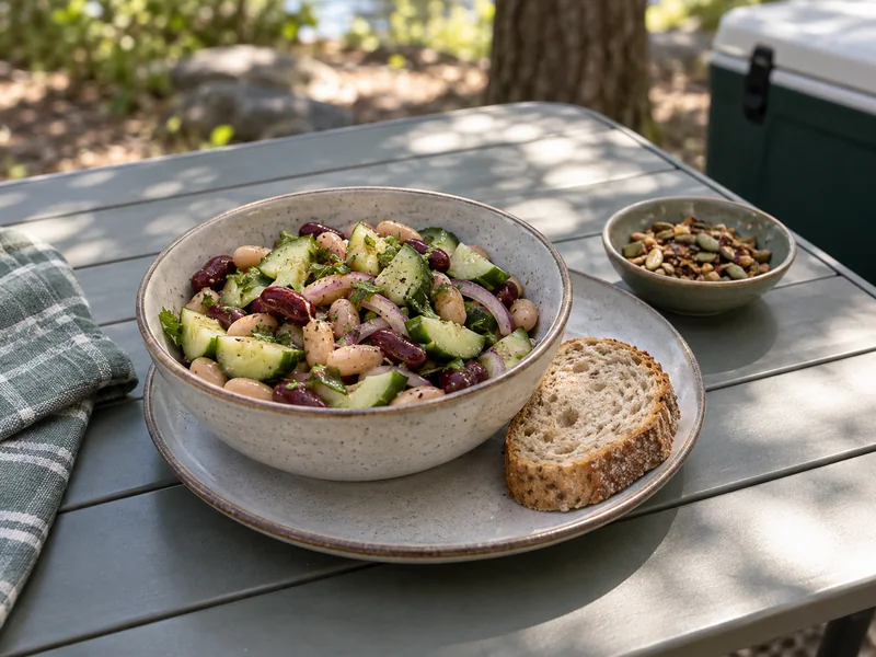A bean salad bowl with bread and a separate crunchy topping.
