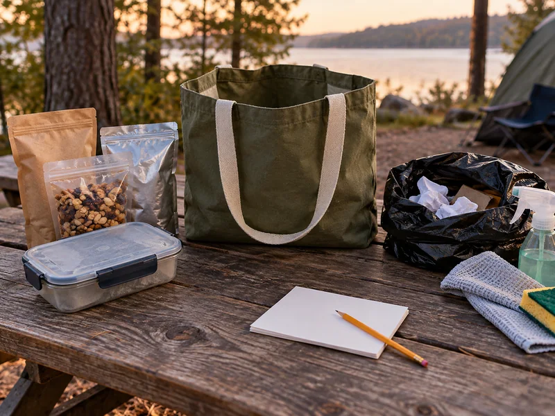 Food packages, a lidded container and a canvas return bag separated from waste and cleaning supplies on a camp table.