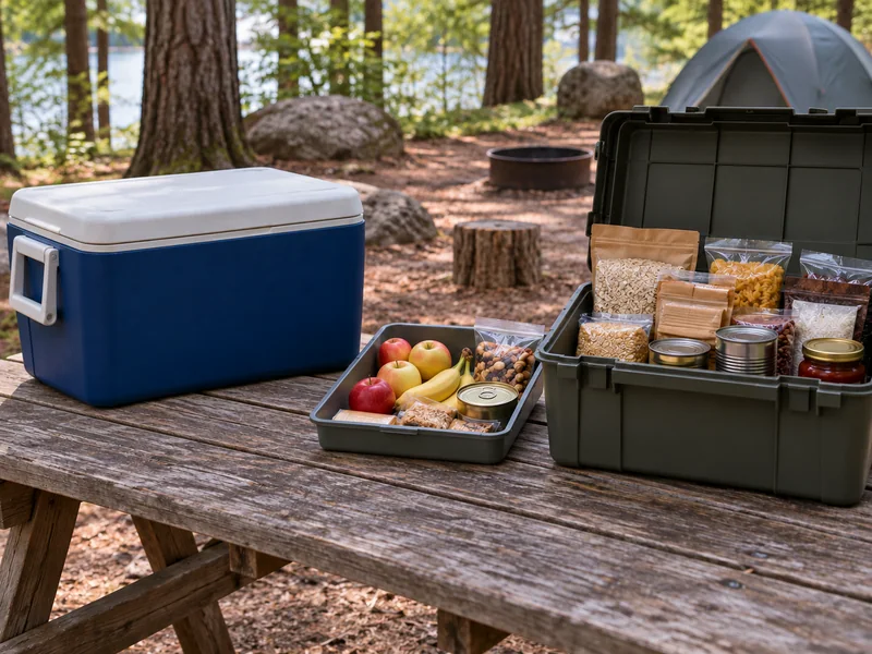 A cooler, dry box and daily-access tray arranged as separate camping food storage zones.