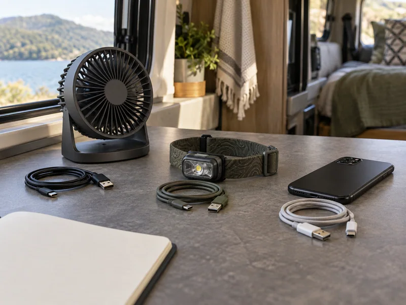 Headlamp and compact fan with their coiled charging cables on a campervan counter