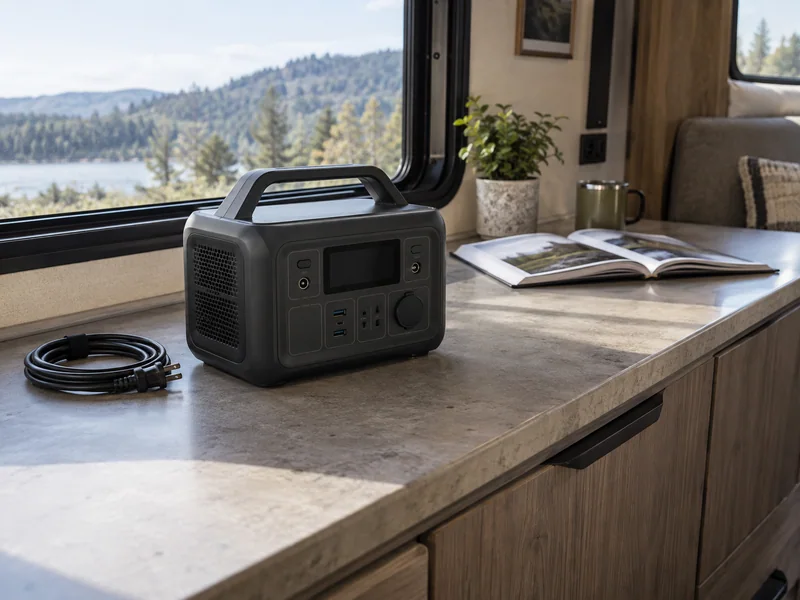Unbranded portable power station with a dark display and disconnected charging cable on a clear RV counter