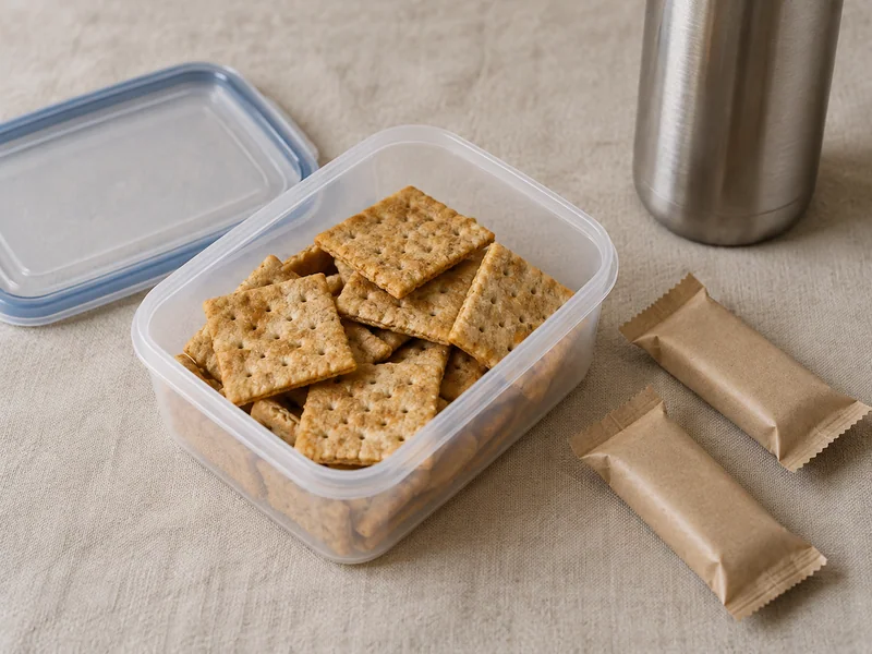 Crackers protected in a rigid box beside unopened snack bars.