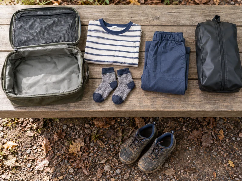 Folded shirt, trousers and socks beside an open packing pouch and a separate zipped wet-item bag