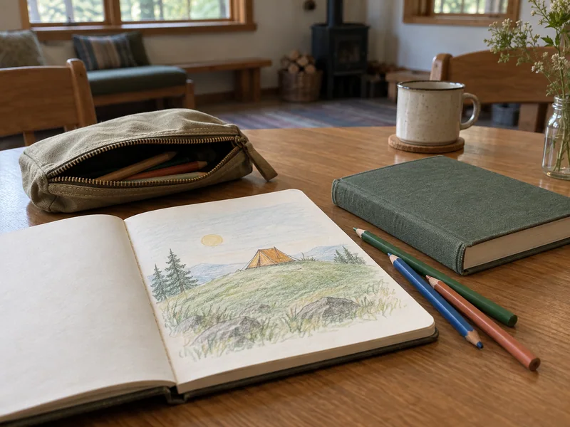 Small canvas activity pouch with a sketchbook, colored pencils and a plain storybook on an indoor table