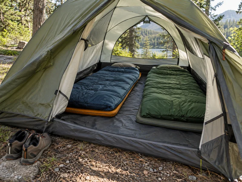 Two adult sleeping pads and sleeping bags inside an open tent with the entrance left clear