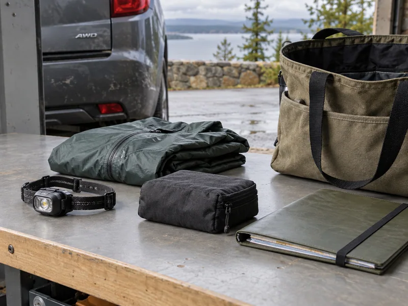 Headlamp, rain layer and compact first-aid pouch beside a closed road-trip folder