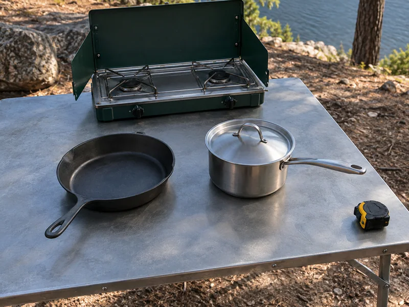 Skillet and cooking pot beside a cold two-burner stove on a broad metal camp table