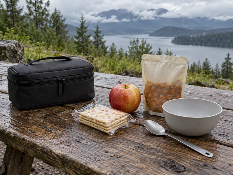 Closed stove case beside a no-cook meal kit on an outdoor picnic table