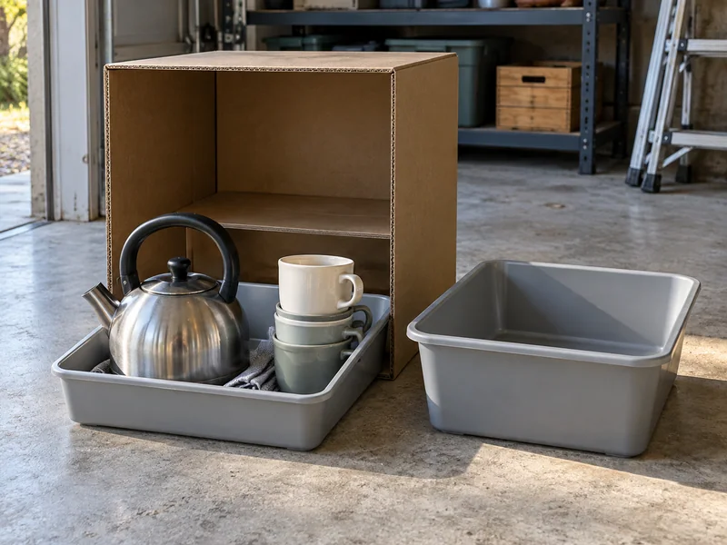 A box mockup, removable utensil tray and separate return basin.