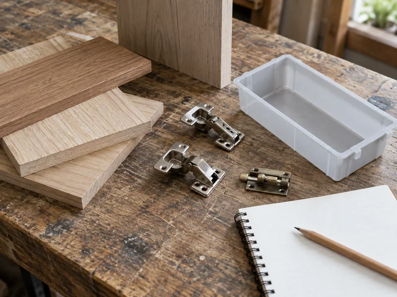 Wood samples, hinges, a latch and a removable tray on a workbench.
