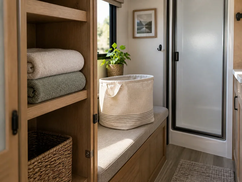 Folded clean towels in a dry cupboard with an empty laundry tote nearby