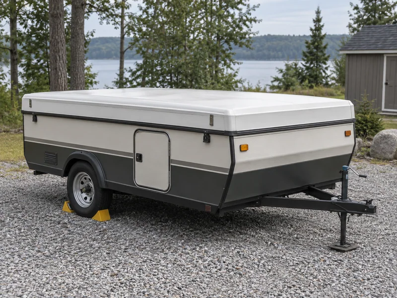 Generic pop-up camper fully closed on a level storage pad