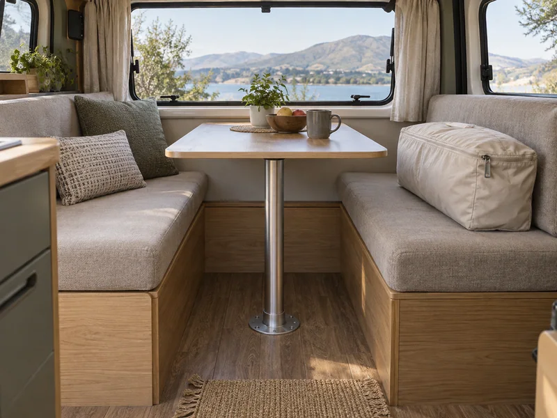 Campervan dinette in its daytime arrangement with bedding in a closed bag