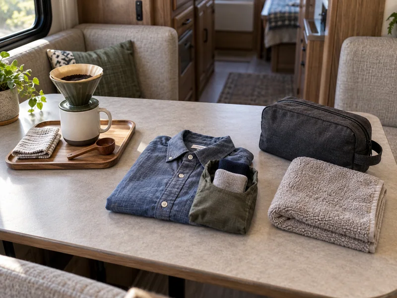 Small coffee, clothing and toiletry groups separated on an RV table