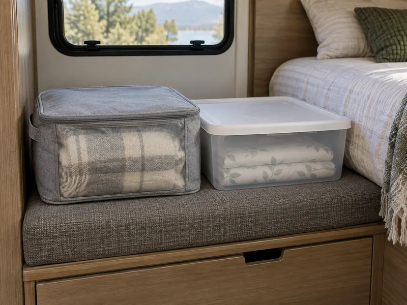 Zipped fabric bedding bag and shallow lidded bin beside a fixed RV bed