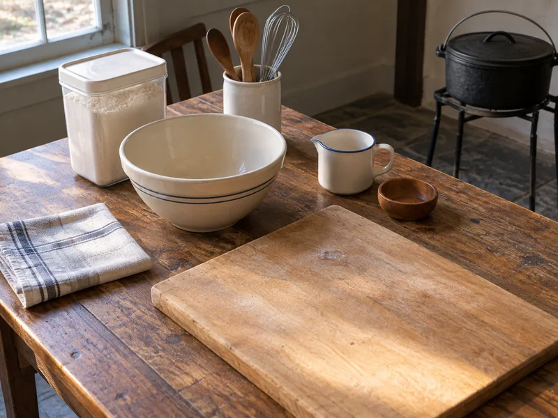 A mixing bowl, flour container and empty board beside a cold Dutch oven.