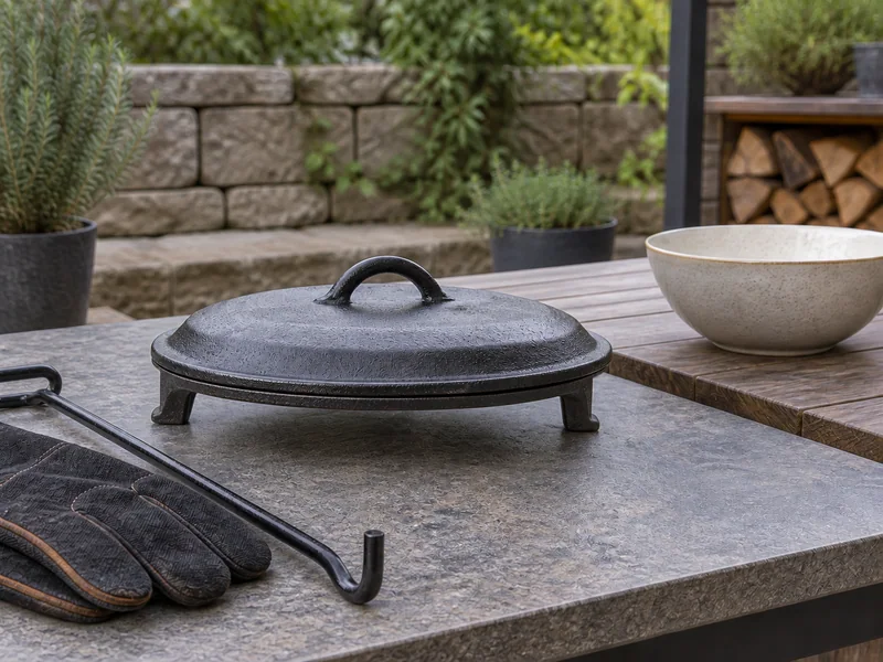 A cold cast-iron lid on a stand beside a lid lifter and serving bowl.