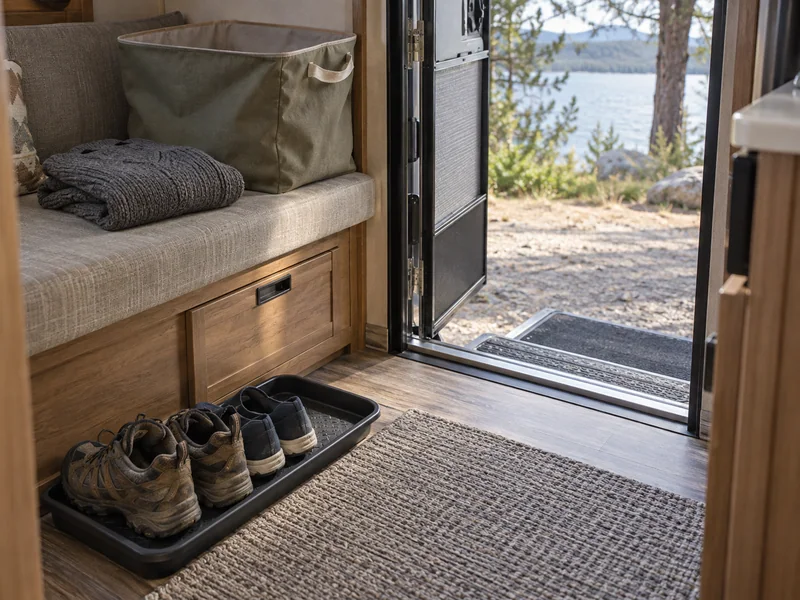 Dry shoes and an empty laundry tote kept beside an RV entrance