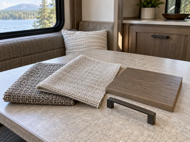 Fabric and finish samples viewed beside an existing camper cabinet