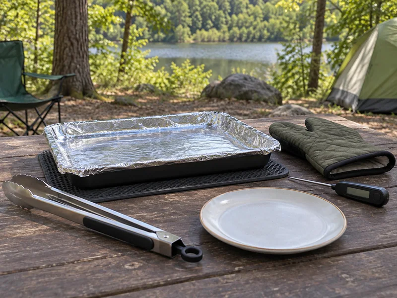 A food thermometer, heat mitts and plates beside an empty foil tray.