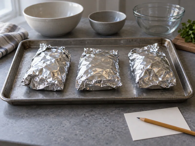 Separate folded foil packets on a tray beside a blank planning card.