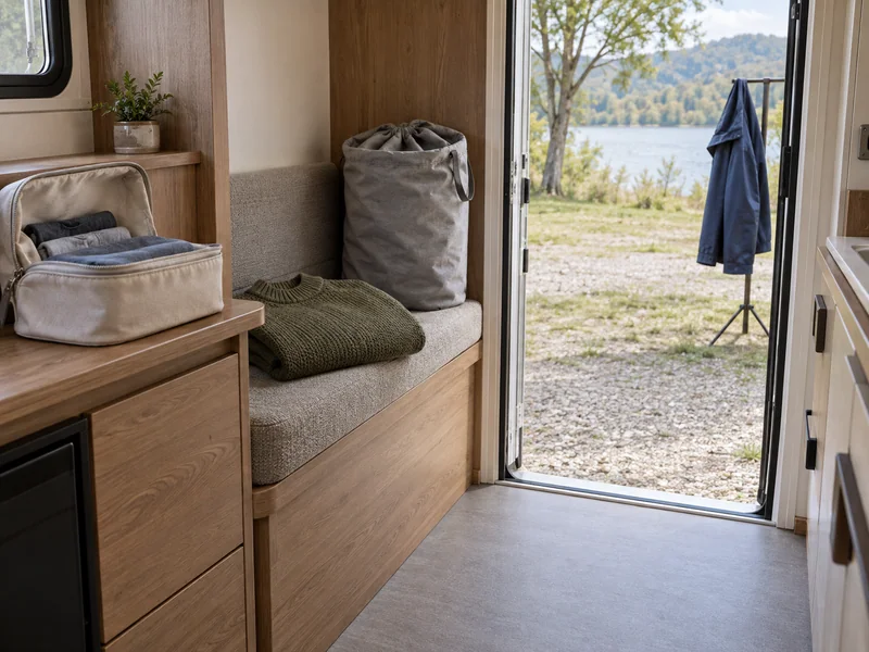 Clean clothing pouch, folded sweater and dry laundry bag beside an RV door