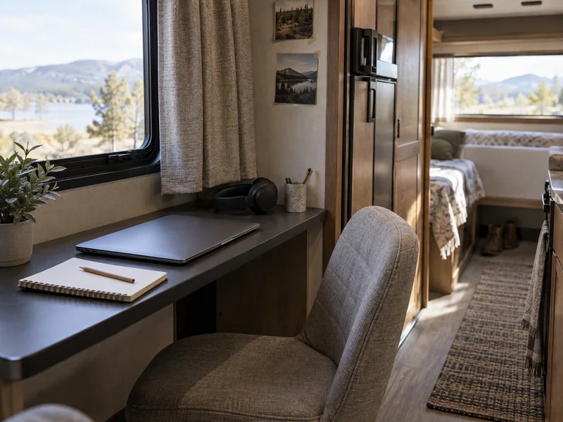 Small RV desk with a closed laptop, headphones and an empty chair beside a window