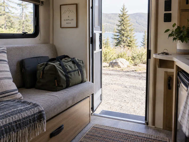 Packed overnight bag, closed laptop sleeve and key ring beside an RV doorway